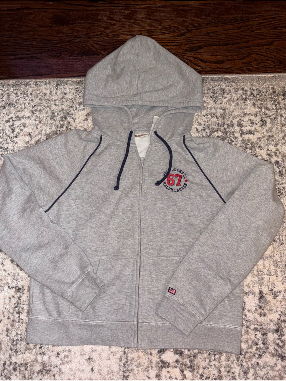 Ralph Lauren Polo Jeans Co Gray Zip Hoodie with Navy Trim and Red 67 Logo